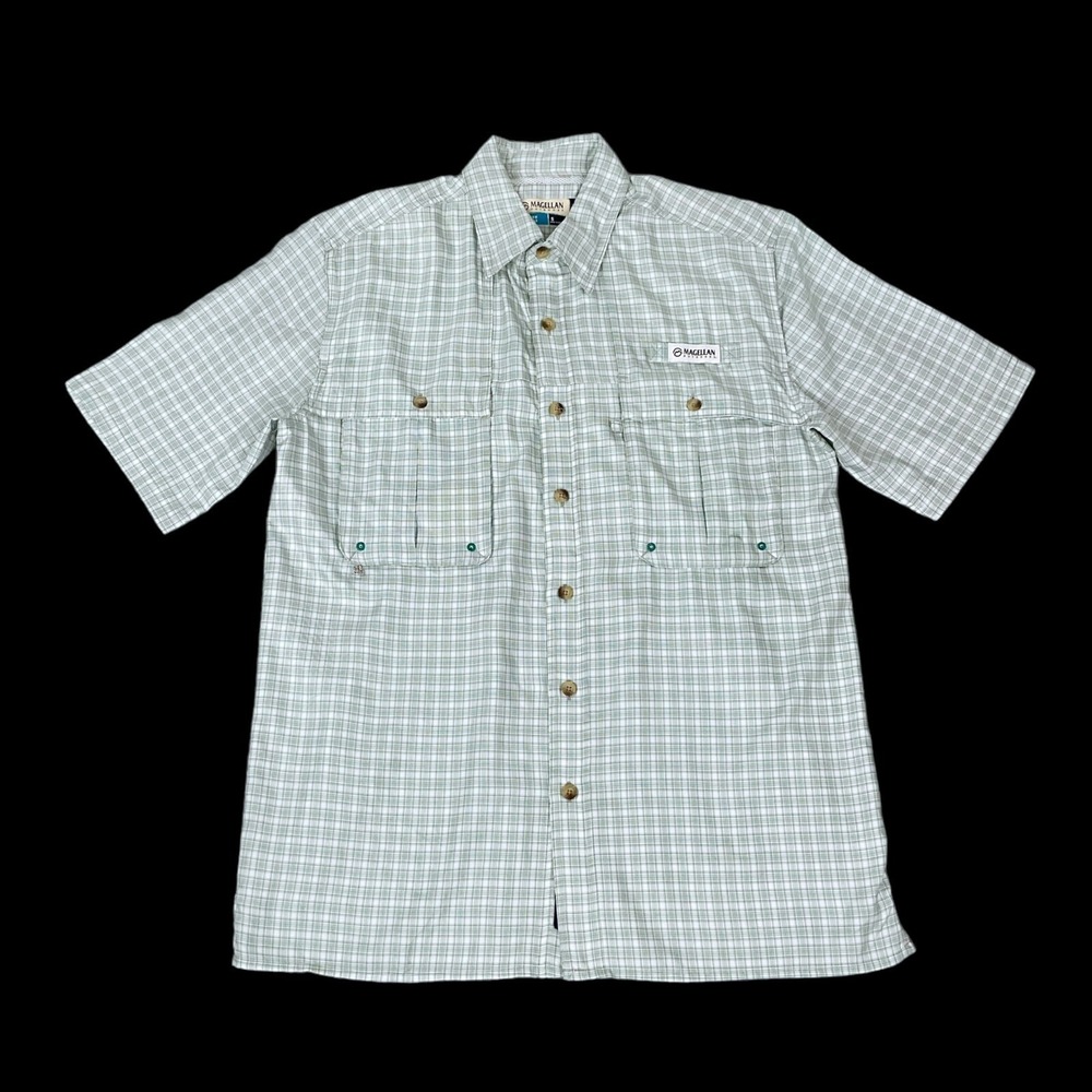 Magellan Shirt Men Small Aransas Pass Fish Gear Green Multi Plaid Button Up